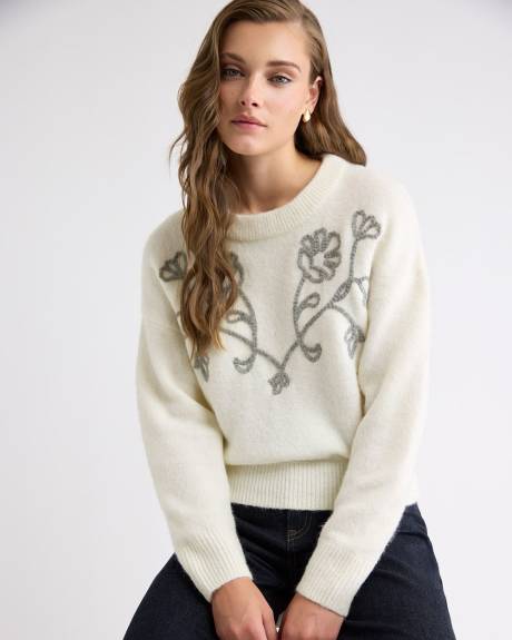 Pull à Manches Longues et Col Rond avec Fleurs