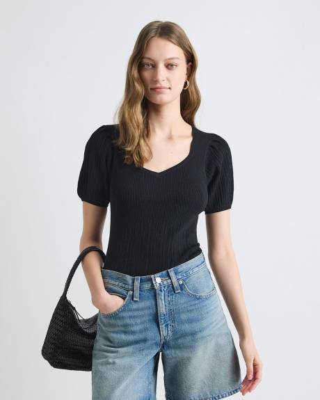 Pull &agrave; Encolure en Coeur avec Manches aux Coudes Bouffantes