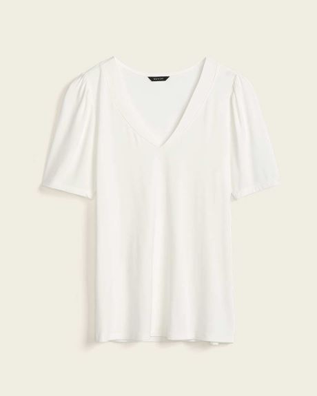 V-Neck Elbow-length Puffy Sleeve T-Shirt