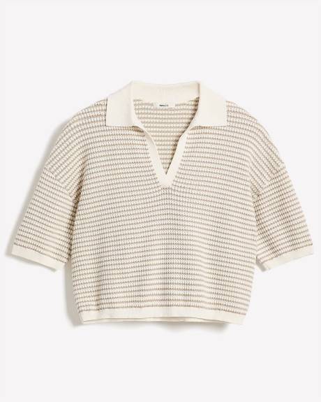 Elbow-Sleeve Polo Sweater in Fancy Stitches