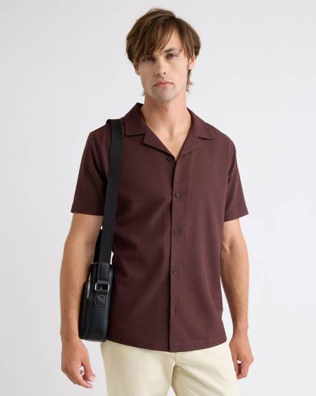 Short-Sleeve Herringbone Shirt with Camp Collar