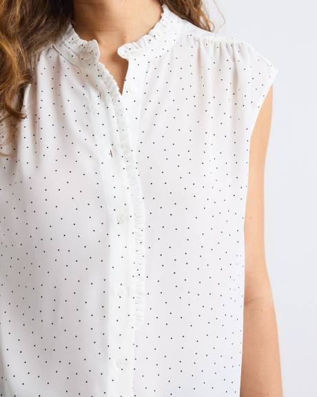 Blouse Boutonnée Sans Manches à Col Montant avec Garniture à Volants