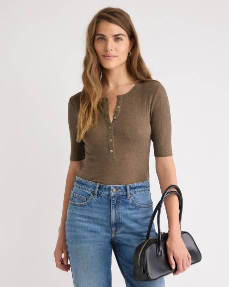 Wool-Blend Ribbed Elbow-Sleeve Henley Top