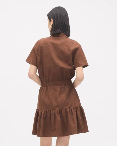 Robe Courte en Lin &agrave; Manches Courtes et Col Chemisier