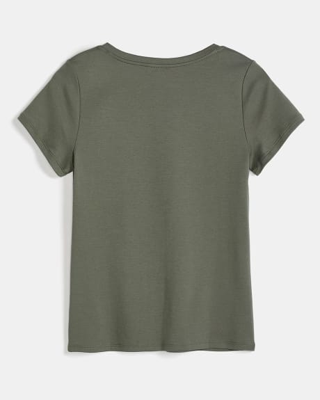 T-Shirt Uni en Coton Épais à Manches Courtes et Col V