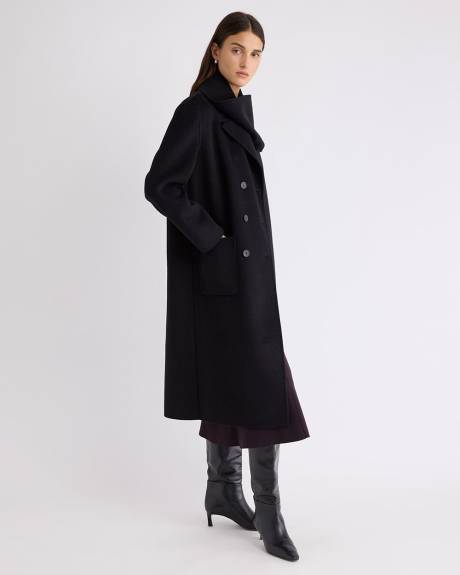 Manteau Long à Boutonnage Double en Mélange de Laine et Cachemire avec Foulard Amovible