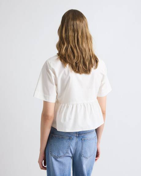 Elbow-Sleeve Peplum Blouse with Self-Ties at Front