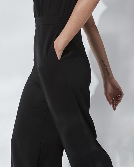 Twill Wrap V-Neck Cocktail Jumpsuit with Tie at Shoulder