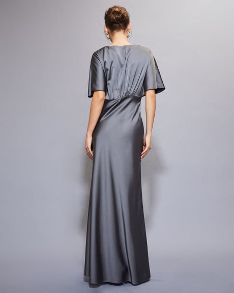Short-Sleeve Satin Maxi Cocktail Dress