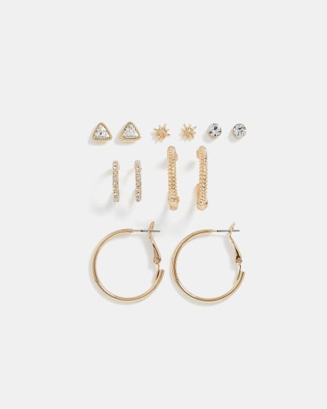 Golden Hoop and Stud Earrings - 6 Pairs