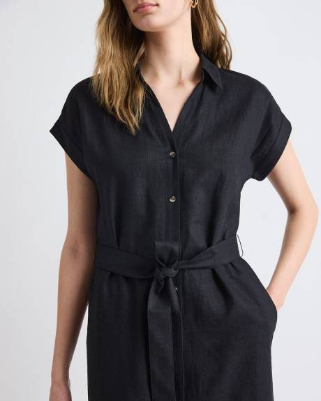 Robe Midi en M&eacute;lange de Lin &agrave; Manches Courtes et Col Chemisier