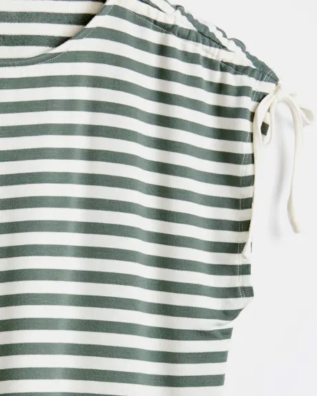 Striped French Terrry Crew-Neck T-Shirt with Drawcord at Shoulder