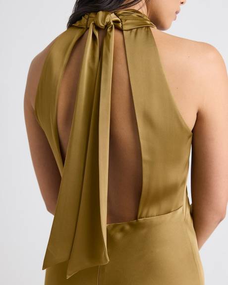 Robe Cocktail Midi en Satin Sans Manches &agrave; Encolure Licou