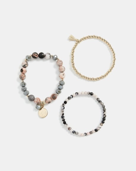 Metallic Elastic Bracelet with Semi-Precious Beads - Pack of 3