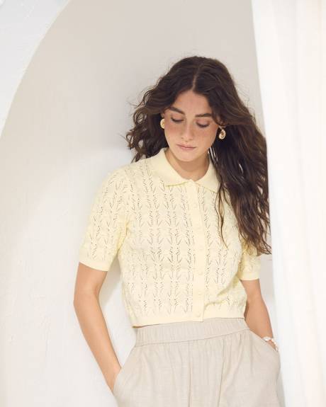 Short-Sleeve Crochet Top with Shirt Collar