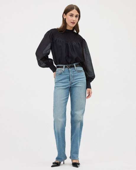 Long-Sleeve Mock-Neck Blouse with Textured Yoke