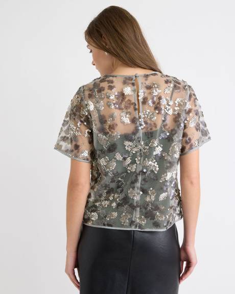 Blouse Popover à Paillettes à Col Rond et Manches Courtes