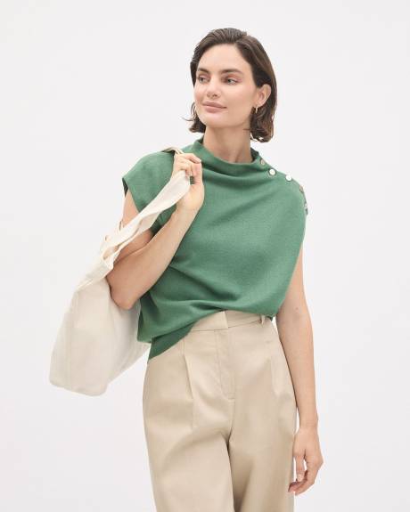 Pull Sans Manches à Col Montant avec Boutons à l'Épaule