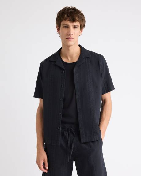 Chemise en Coton Gaufr&eacute; &agrave; Manches Courtes et Col Camp