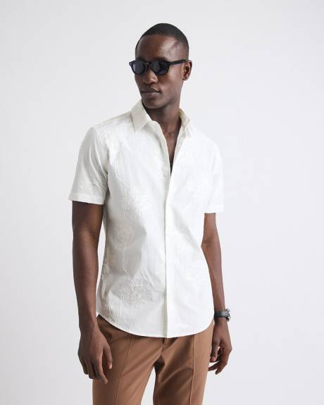 Chemise Habill&eacute;e &agrave; Coupe Ajust&eacute;e &agrave; Manches Courtes avec Motif Fleuri Brod&eacute;