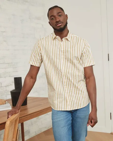 Tailored Fit Short-Sleeve Shirt with Beige Stripes