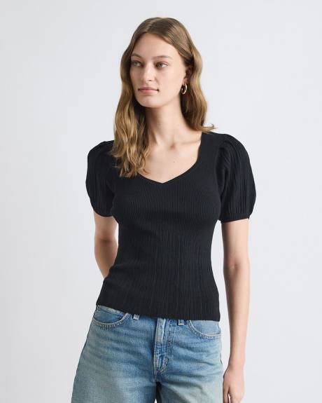 Pull &agrave; Encolure en Coeur avec Manches aux Coudes Bouffantes