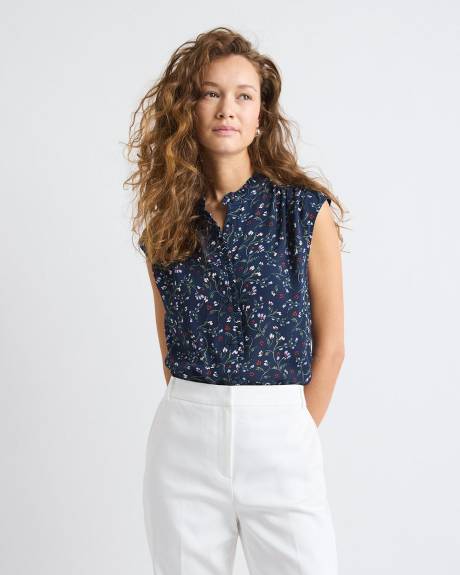 Sleeveless Mock-Neck Buttoned-Down Blouse with Ruffled Trim