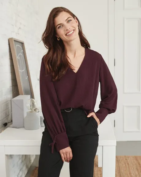 V-Neck Popover Blouse with Long Puffy Sleeves