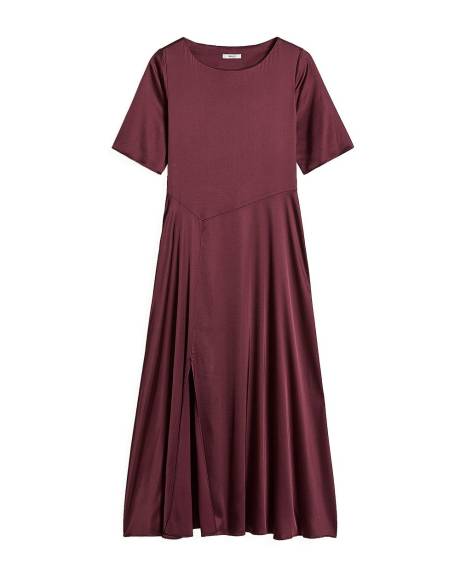 Robe Midi Cintrée et Évasée en Satin à Manches Courtes