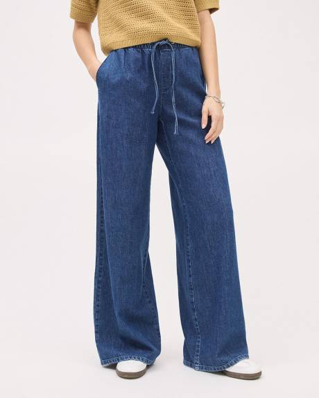 Wide-Leg Denim Pants with Elastic Waistband