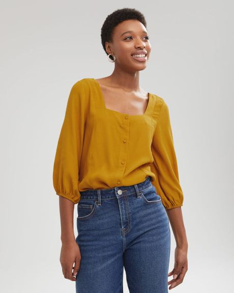 3/4 Puffy Sleeve Square-Neck Button Down Blouse
