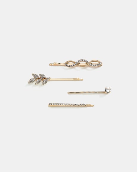 Metallic Hair Pins with Leaf and Rhinestones - Set Of 4