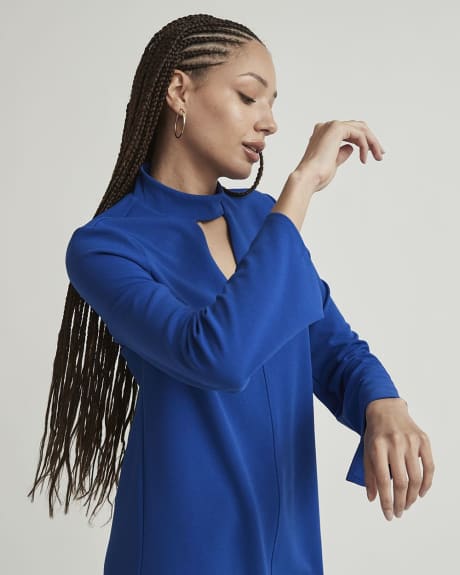 Knit Crepe Long Sleeve Mock-Neck Shift Dress with Cutout