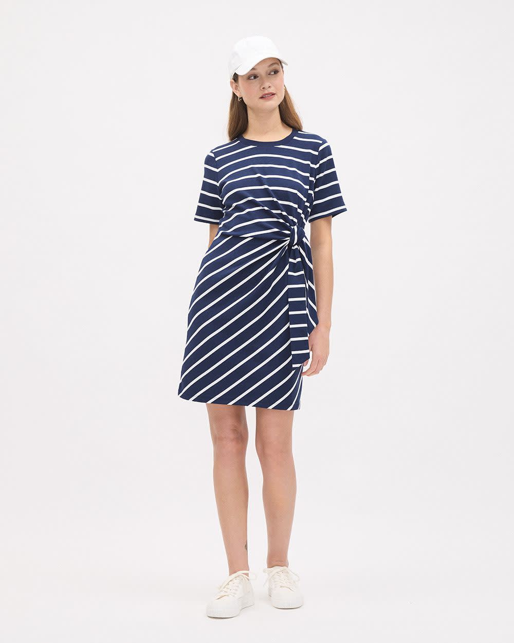 Short-Sleeve Crew-Neck Dress with Knot at Waist