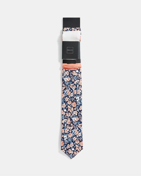 Regular Navy Floral Tie with Peach Trim Handkerchief - Gift Set