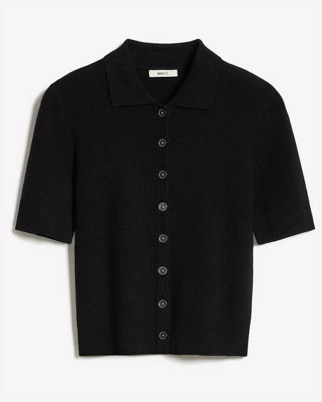 Short Elbow-Sleeve Cardigan with Shirt Collar