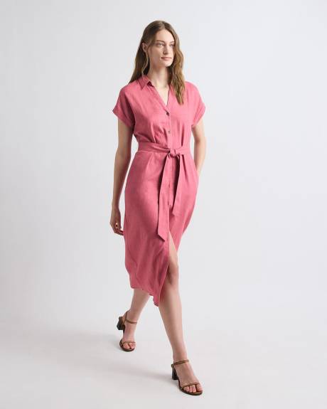 Short-Sleeve Linen-Blend Midi Dress with Shirt Collar