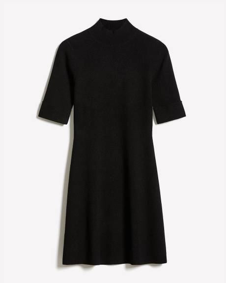Elbow-Sleeve Mock-Neck Mini Sweater Dress