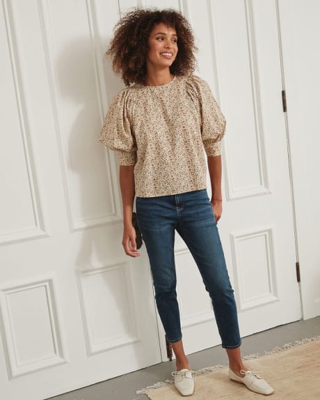 Puffy 3/4 Sleeves Popover Blouse with Buttoned Back