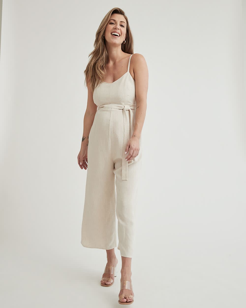 Linen Blend Jumpsuit with Adjustable Straps and Waist Sash Thyme