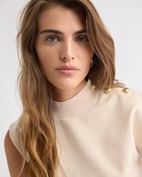 Sleeveless Mock-Neck Sweater with Buttons on Shoulder