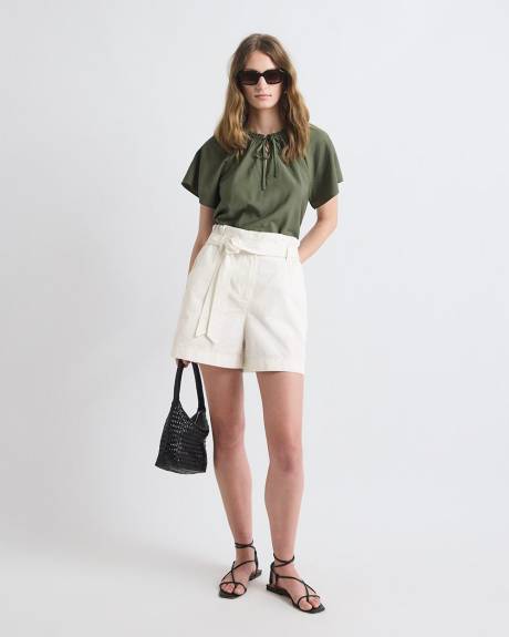 Split-Neck Blouse with Short Flutter Sleeves