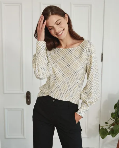 Boat Neck Popover Blouse with Long Puffy Sleeves