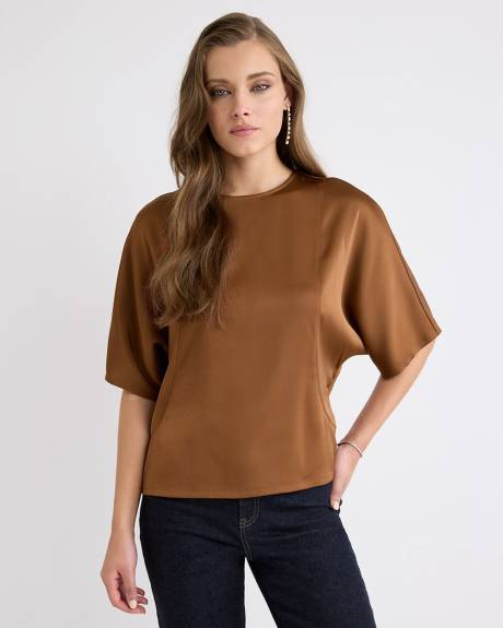 Long-Sleeve Crew-Neck Satin Blouse