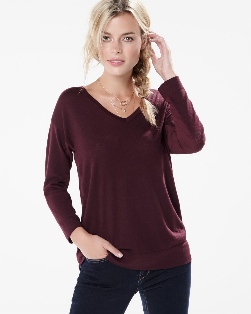 V-neck sweater with woven back | RW&CO.