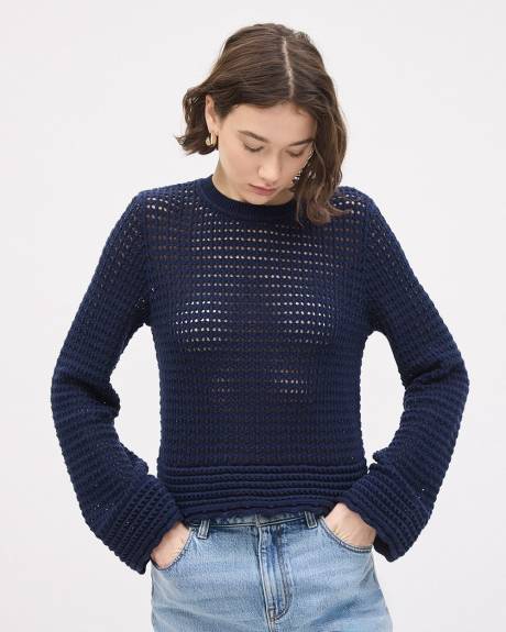 Pull en Mailles Pointelle &agrave; Col Rond et Manches Longues en Cloche