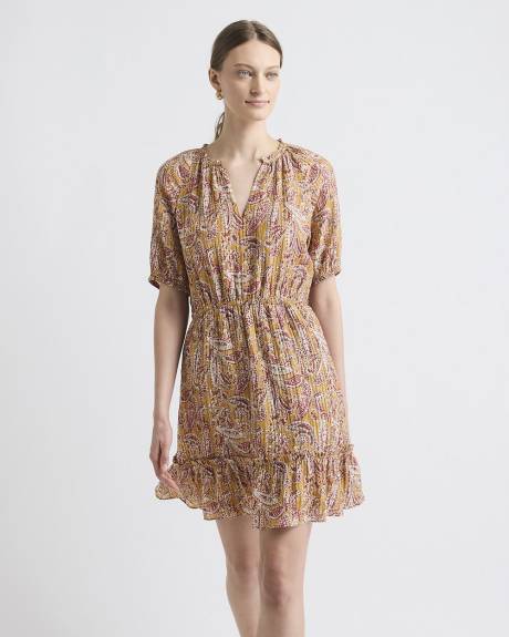 Robe Mini à Manches Courtes Bouffantes et Col Fendu