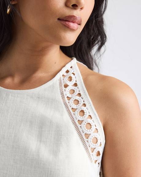 Robe Midi Sans Manches &agrave; Col Licou en M&eacute;lange de Lin