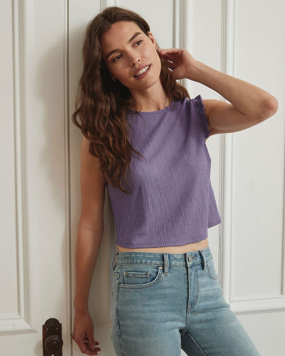 Crew-Neck Blistered Crop Top with Frills
