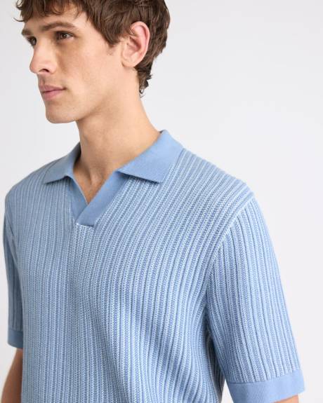 Pull &agrave; Manches Courtes et Col Johnny &agrave; Mailles Verticales &agrave; Deux Tons